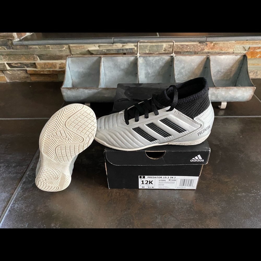 Boys Adidas Predator 19.3 silver/black indoor soccer shoes, size 12K